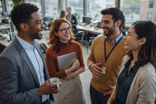 Diverse professionals engaged in conversation.