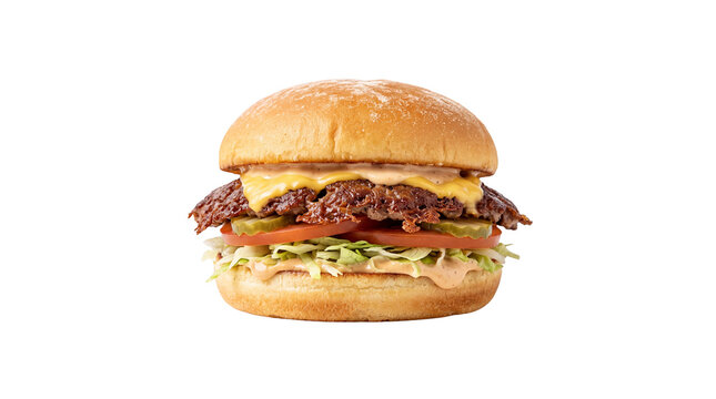 Gourmet smash burger with melted cheese, juicy beef patty on toasted brioche bun, classic cheeseburger with fresh lettuce and tomato isolated PNG with Transparent Background