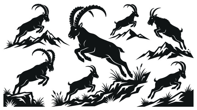 Black alpine ibex silhouettes jumping over mountain peaks vector set