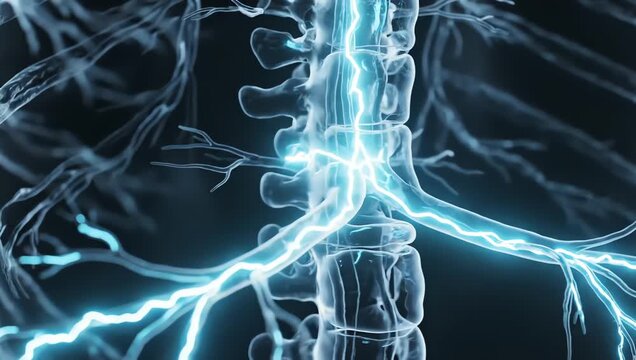 Bioelectrical impulses moving gently through transparent spinal nerves, glowing neural pathways illuminating rhythmically across realistic spinal structures