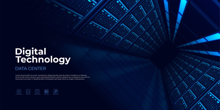 Dynamic Concept of Data Center. Futuristic digital server room, technology information warehouse or server racks. Vector banner of web hosting, cloud computing and digital infrastructure visuals.