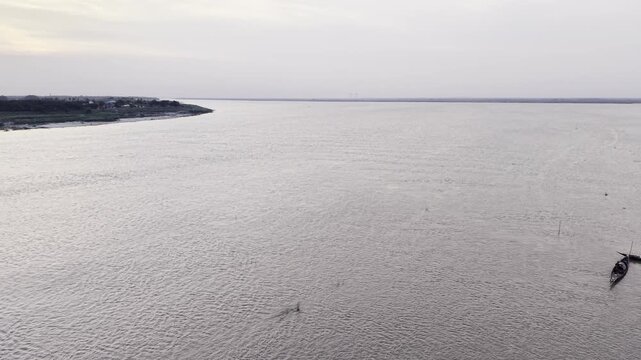 Drone Flying Forward Over the Padma-Gorai River Confluence in Bangladesh