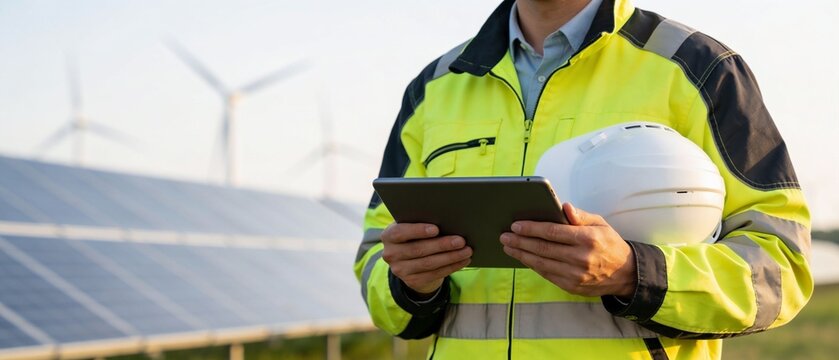 Man in safety gear examines tablet near solar panels and wind turbines
