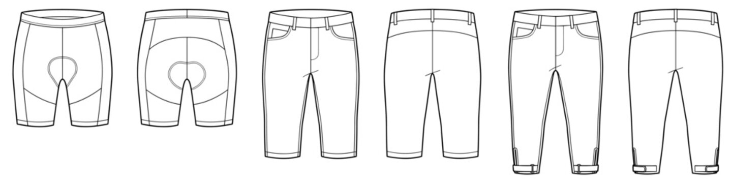 mens padded cycling shorts and zip ankle pants flat technical cad drawing template