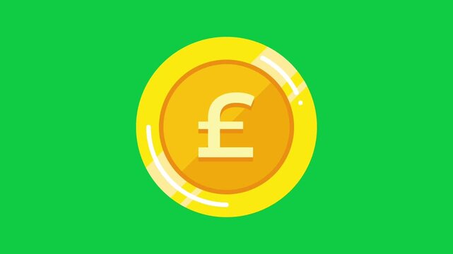 Shiny Gold British Pound Sterling Coin Animation on Green Screen. Rotating shiny golden British pound sterling coin asset animated on chroma key green screen for wealth financial videos.