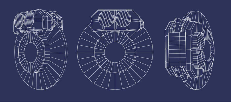 Design of a technical brake mechanism disc drawing different views on a blue background with white lines in a simple style