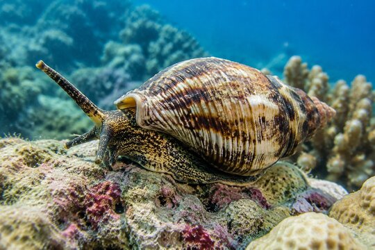 Triton snail extending its tentacles on a coral reef with a visible spiral shell.