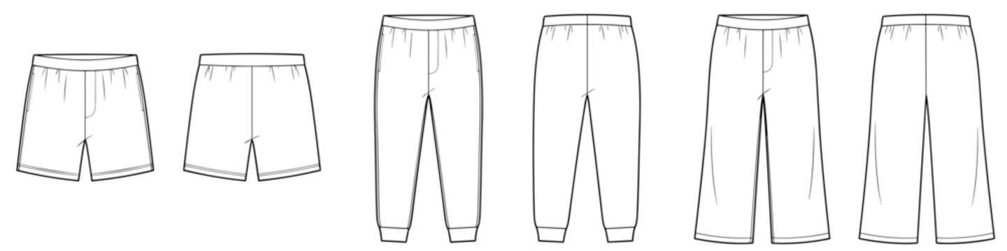 mens sweatpants and loungewear shorts collection flat technical cad drawing template
