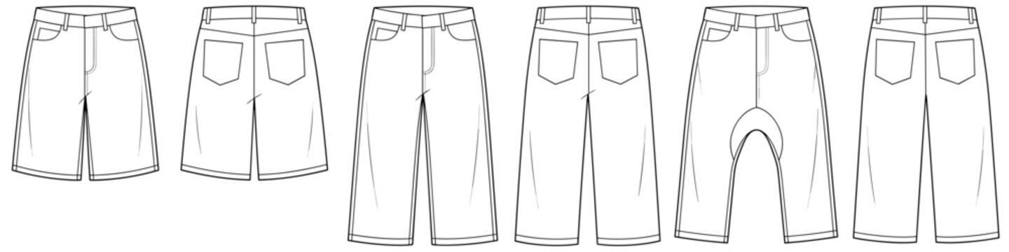 mens wide leg denim shorts and harem pants flat technical cad drawing template