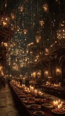 Fototapeta premium A grand banquet hall is illuminated by hundreds of glowing lanterns and candles, with long tables laden with food