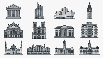 Obraz premium Sleek Monochrome Line Drawing Icons of Famous Global Architectural Landmarks and Buildings with high quality professional line art symbols for modern creative design and digital branding projects