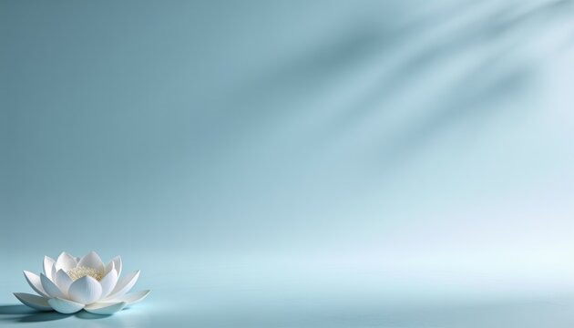 A serene white lotus flower floating on a tranquil surface, with soft shadows cast from above, evoking peace and calm