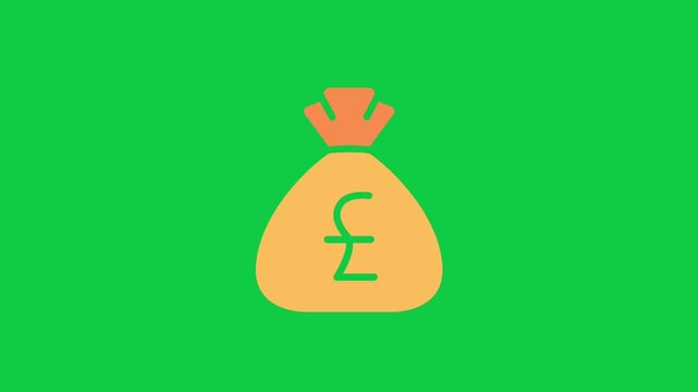 Yellow Money Bag with British Pound Symbol on Green Screen. Yellow fabric money sack icon displaying British pound sterling currency symbol animating on green screen chroma key background.