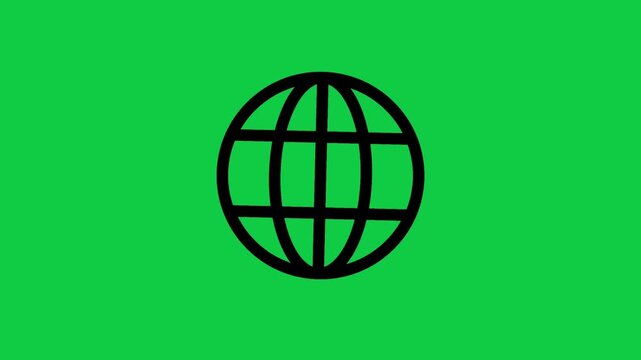 Animated Globe Grid Icon on Green Screen Background. Animated black outline globe icon rotating on a green screen background representing global network communication and worldwide business.
