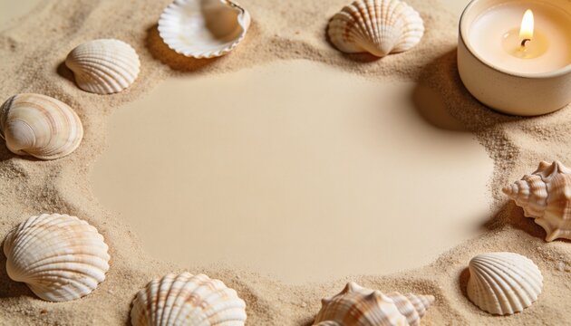 A serene scene of seashells arranged in a circular pattern on fine sand, with a lit candle adding a warm glow. This composition evokes a sense of calm and coastal tranquility.