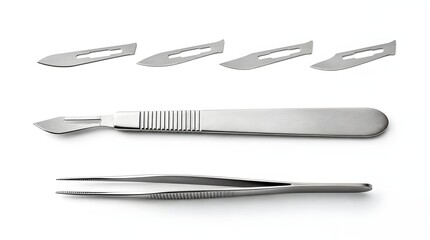 Obraz premium Surgical scalpel with spare blades and medical tweezers isolated on white background.