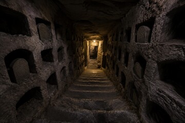 Naklejka premium Narrow stone staircase descending into dimness, burial niches lining walls.