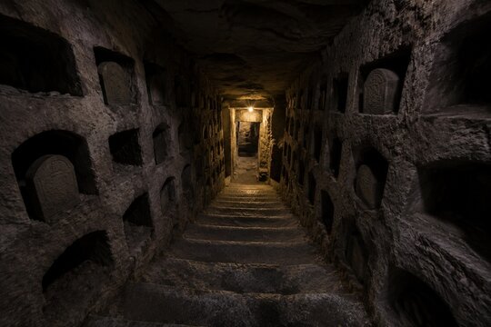 Narrow stone staircase descending into dimness, burial niches lining walls.