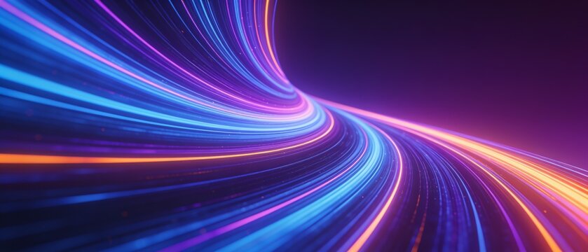 Vibrant neon light trails curve through a dark digital tunnel.