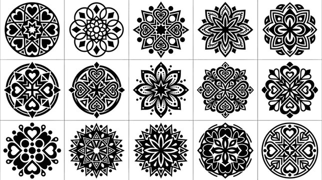 Ornate black and white mandala circular pattern collection.
