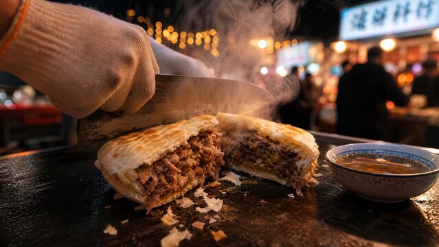 Sizzling Street Food Delight: A close-up shot captures a hand-held spatula slicing into a savory, grilled stuffed bun, releasing aromatic steam.