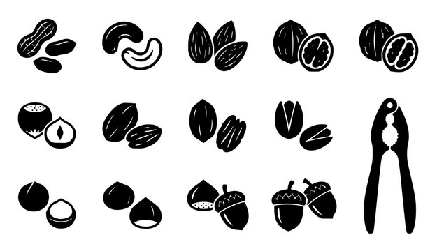 Edible Nuts and Seeds Solid Silhouette Vector Icon Set Featuring Almond Walnut Cashew Peanut Hazelnut and Nutcracker Elements for Food Packaging Designs