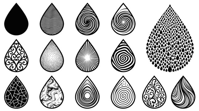 Set of decorative water drop icons with various black patterns on white background