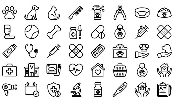 Modern Animal Clinic and Pet Care Line Icons with Grooming Medical Equipment Vector Pack