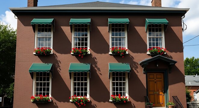 Historic Brick House with Green Window Awnings and Flower Boxes on Sunny Street