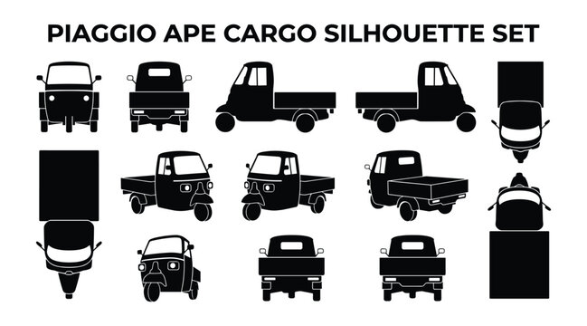 Three Wheeler Cargo Tuk Tuk Silhouette Set, Auto Rickshaw Vehicle Icons Isolated on White Background