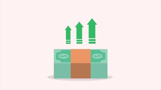 Flat animation of money stack with green growth arrows, financial growth, investment increase, revenue, profit, and business success concept loop.