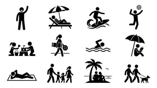 Stick figure beach activities and water sports icon set.