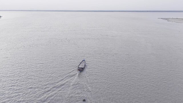 Drone Following a Traditional Boat on the Padma River in Kushtia, Bangladesh