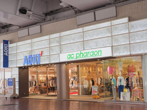TOKYO, JAPAN - June 30, 2026: Fronts of Aoki and ac pharaon clothes storea in Ginza which are below the former Tokyo Expressway (kk route).