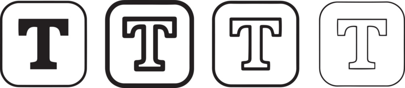 Set of four typography tool icons with text character symbol inside rounded square frames.