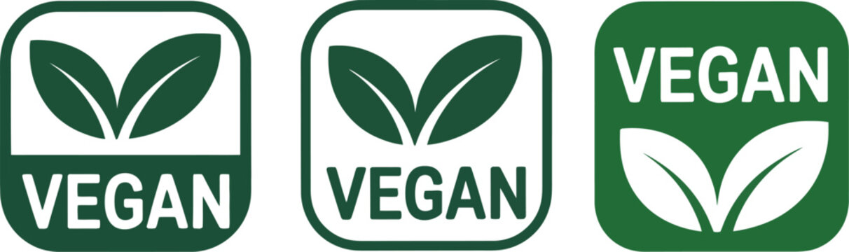 Vegan food badges set, organic certification logos bio labels and ecology tags with green leaf design isolated on white background.