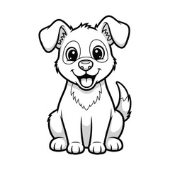 Fototapeta premium Adorable cartoon puppy sitting with a happy expression, black and white line art illustration, perfect for coloring books.