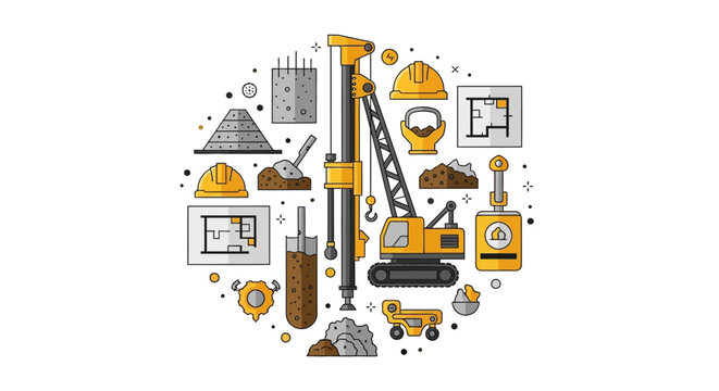 Construction Foundation and Piling Equipment Vector Illustration in Flat Style - Heavy Machinery, Drilling Rig, and Engineering Concept