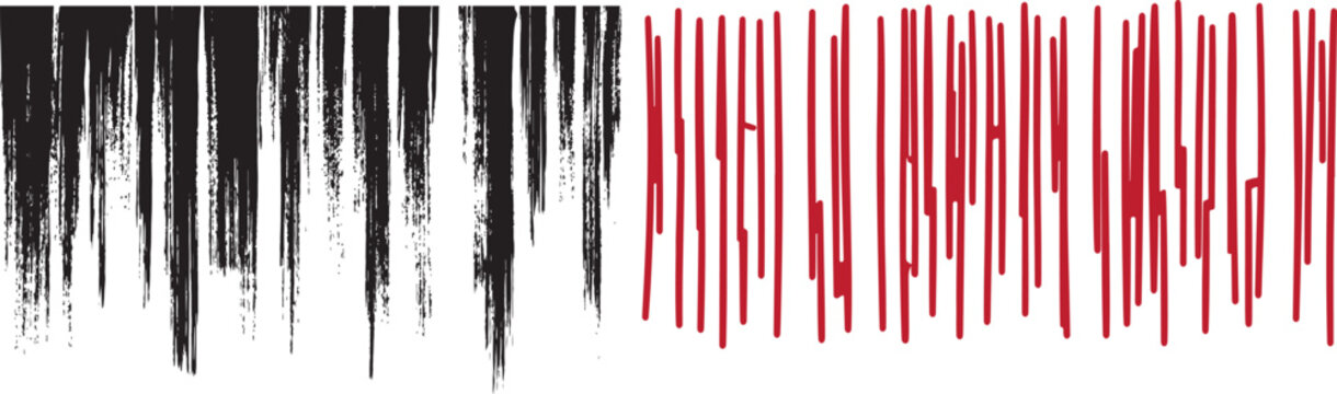 Abstract vector grunge black paint brush strokes and red dripping vertical lines graphic design elements