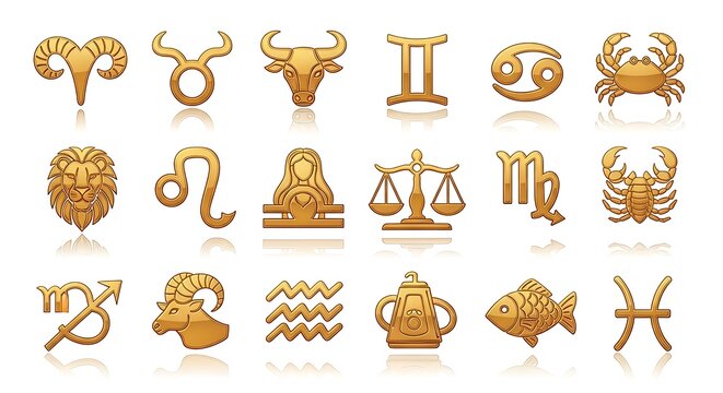 Golden Zodiac Symbols Arranged in Rows on Clean White Background