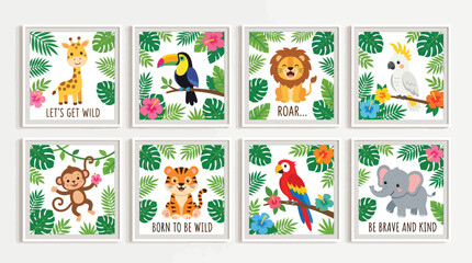 Fototapeta premium Cute Safari Animals Nursery Wall Art Prints Vector Set