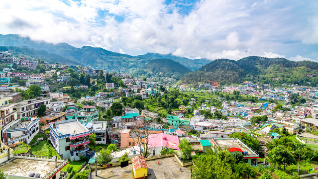 Aerial view of Pithoragarh town situated in Uttarakhand in India