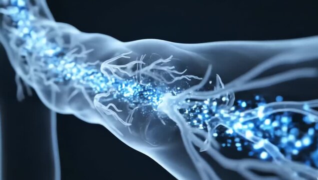 Cerebrospinal fluid flowing slowly through transparent spinal channels, glowing fluid particles drifting smoothly around delicate neural tissue