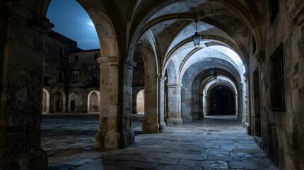 Obraz premium Grand historic stone architecture with majestic arched colonnades, bathed in soft moonlight, creating an atmospheric and ancient courtyard scene at night