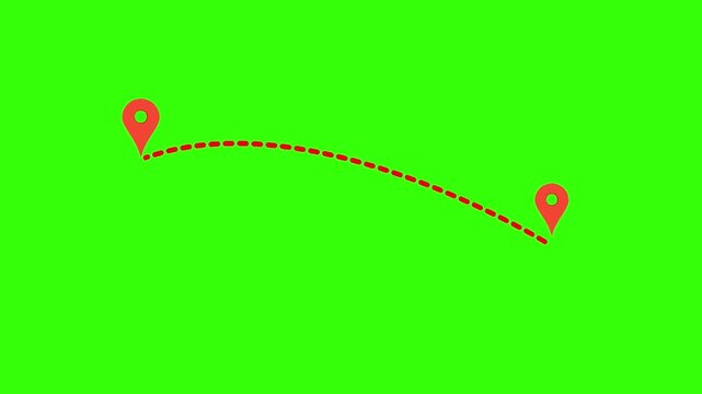 Red map pointer pin and dotted route line animation on green screen background, location navigation travel and destination tracking chroma key motion graphic stock footage