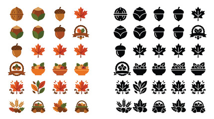 Collection of Autumnal Icons Featuring Maple Leaves, Acorns, and Nuts in Color and Silhouette. © Feldway