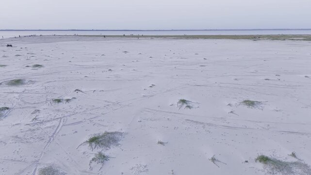 Professional drone shot slowly forward above the Padma River sandbank in Kushtia, Bangladesh. The aerial reveal captures the expansive sandy terrain and peaceful riverside landscape.