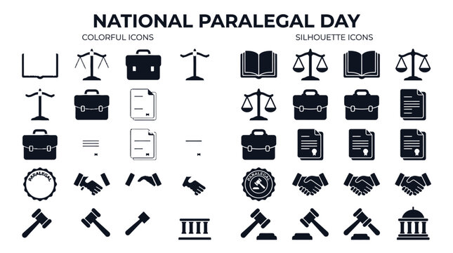 National Paralegal Day Icons: Colorful and Silhouette Representations of Legal Symbols.