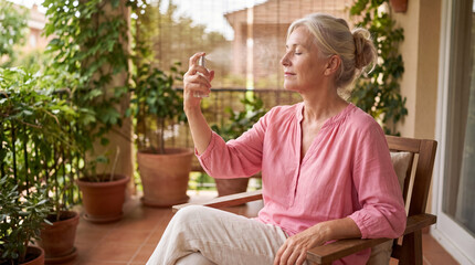 Fototapeta premium Senior woman relaxing on balcony misting face with hydrating spray for healthy skin and wellness routine