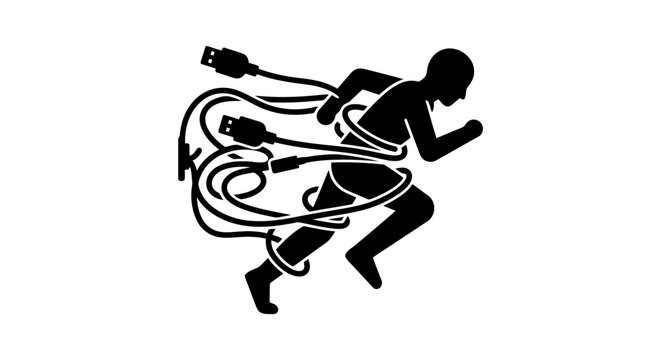 Silhouette of a runner entangled with cables.
